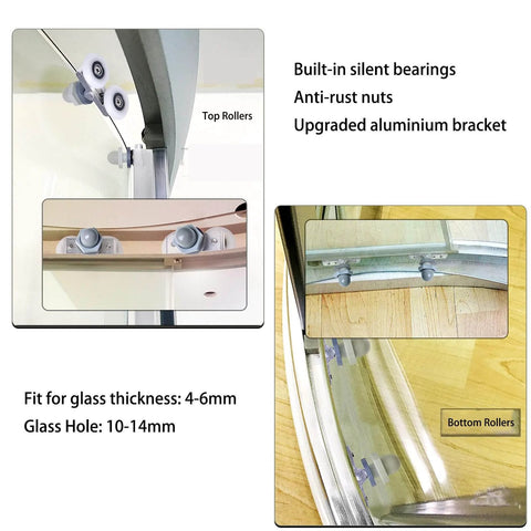 6PCS 23mm shower door rollers replacement with sliding wheels and runners, top and bottom brackets on curved glass door