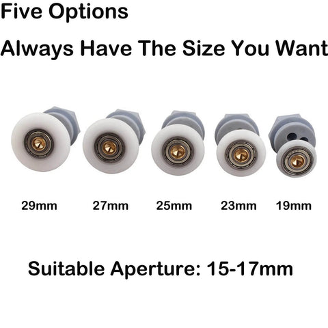 Five options of shower door rollers including 4PCS 19mm shower door rollers replacement with copper rod pulley visible.