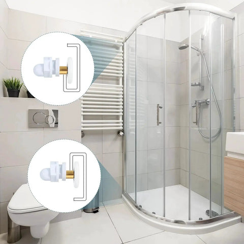 29mm Shower Door Rollers For Sliding Glass Doors Replacement Wheels Runners Copper Rod Pulleys For Bathroom Glass Doors 4 To 6 Mm Thick Glass With 15 To 17 Mm Hole Spacing Pack Of 4 White shown installed on a curved shower enclosure.