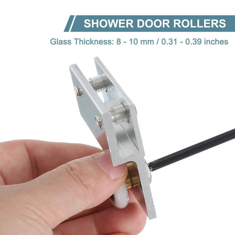 Hand holding Frameless Sliding Shower Door Roller Replacement Set With Aluminum Alloy Flat Edge Wheels 26mm Diameter For 8 To 10mm Thick Glass Silver Finish Durable 2 Pack For Bathroom Glass Doors Easy Install And Smooth Operation