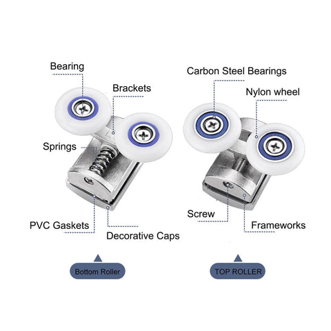 Diagram of 26mm Shower Door Rollers 4PCS Double Twin Top and Bottom Replacement Wheels for Sliding Shower Doors, labeled parts.