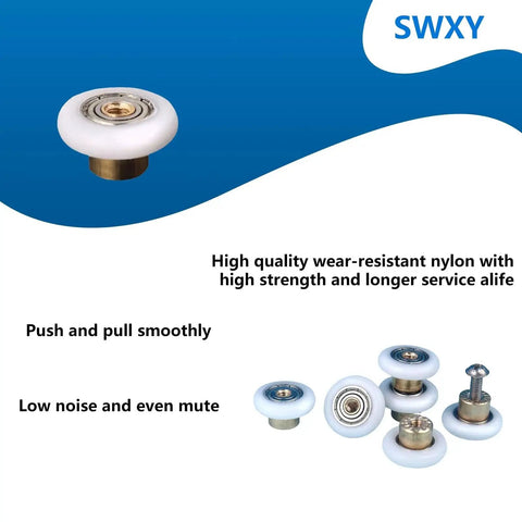 Shower Door Rollers Replacement Runners 25mm Diameter 6pcs with nylon wheels brass cores and strong screws displayed