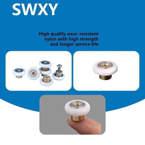 Close-up view of Shower Door Rollers Replacement Runners 25mm Diameter 6pcs with nylon wheels, brass cores, and screws.