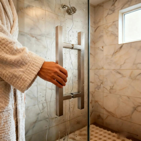 Square Ladder Pull Back to Back Handle for Frameless Shower Doors Brushed Nickel 304 Stainless Steel H Shape Tube 6 Inch Center to Center Suitable for Glass One Quarter Inch to One Half Inch Thickness Replacement Hardware
