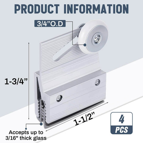 4 Pcs M 6145 Frameless Shower Door Roller Top Bracket Assembly with 3/4 in round wheel on chrome aluminum bracket