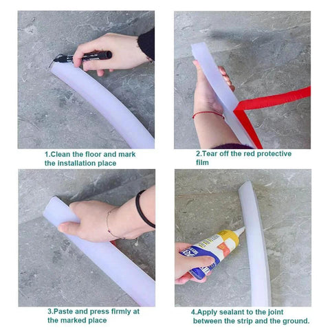 Installation steps for Collapsible Shower Threshold Water Dam, 39 In, Self Adhesive Shower Edge Water Barrier Stopper.
