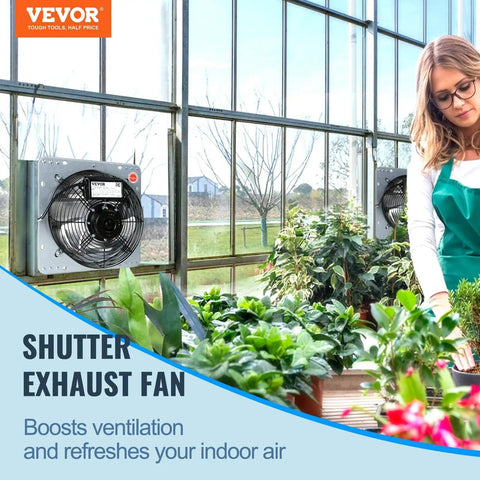 10 Inch Shutter Exhaust Fan With 820 CFM High Speed Aluminum Wall Mount Attic Fan For Ventilation And Cooling In Greenhouses Garages Sheds And Shops With AC Motor FCC Listed By VEVOR installed in a greenhouse