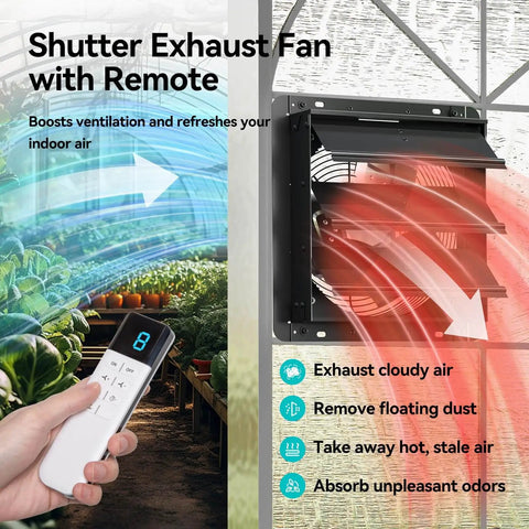 Shutter Exhaust Fan With Remote Control For Garage Shop Greenhouse Attic, 1250 CFM, 8 speed EC motor, wall mounted in use