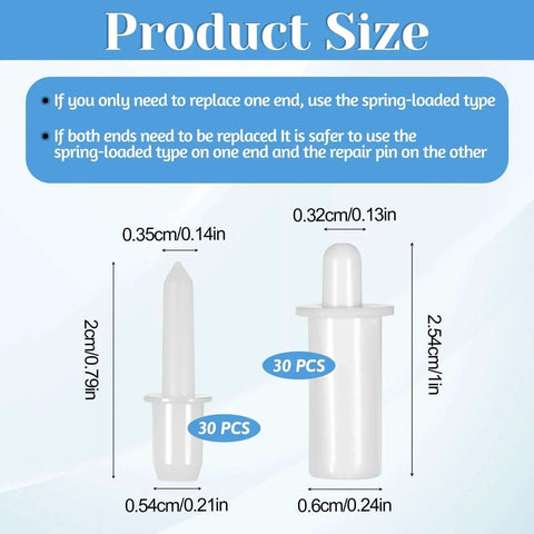 Product size chart for 60 Pcs Shutter Repair Pins, showing spring-loaded louver replacement pins for plantation shutters and blinds.