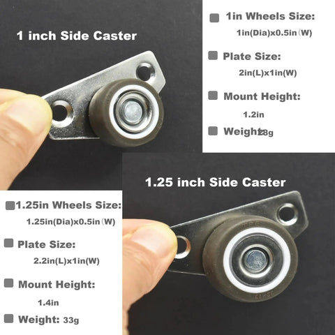 Side Mount Casters With Soft TPR Wheels Non Swivel Fixed Castors For Furniture Drawer Cabinet shows size and features