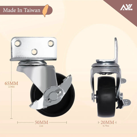 L Shaped Side Mount Furniture Casters With Locking 2 Inch Wheels Heavy Duty 500 Lbs Capacity For Furniture Cabinets And Baby Beds Smooth 360 Degree Swivel With Double Ball Bearings Durable PP Material Set Of 4 With Screws front and side view with dimensions