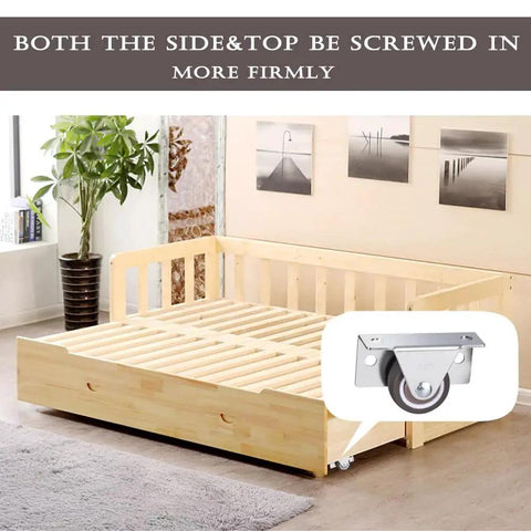 Image showing Small Low Profile 1-1/4 Inch Casters Wheels Set Of 4 for light duty furniture, attached to a wooden bed frame for easy mobility.