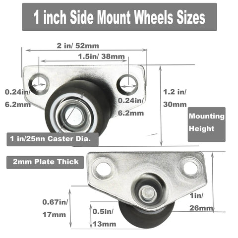 Diagram of Side Mount Casters With Soft TPR Wheels Non Swivel Fixed Castors For Furniture Drawer Cabinet Set Of 6 Grey