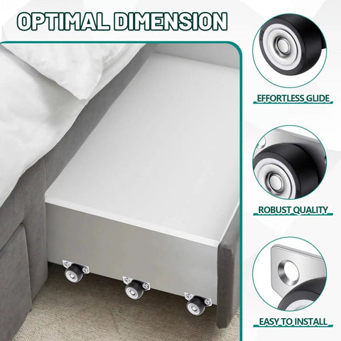 Under-bed storage drawer with 20 Set 1.25 Inch Side Mount Caster Wheels With Screws, non-swivel rigid casters, installed on corners.