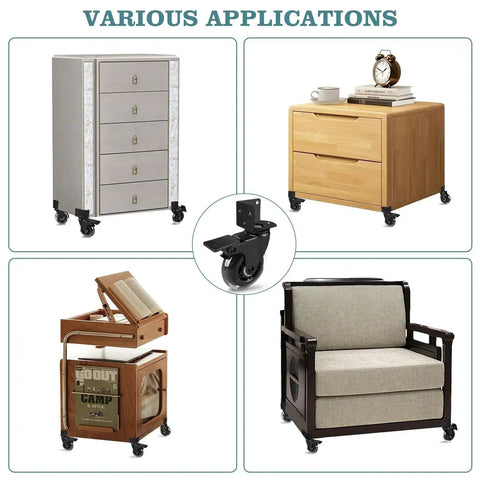 Four pieces of furniture using Three Inch Side Mount Caster Wheels Set Of Four With Two Brakes And Two Without Brakes.