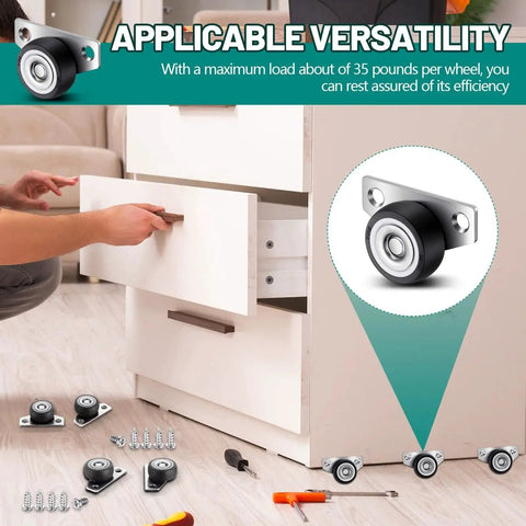 Image showing 20 Set 1.25 Inch Side Mount Caster Wheels With Screws installed on white wooden drawer in living room setting.