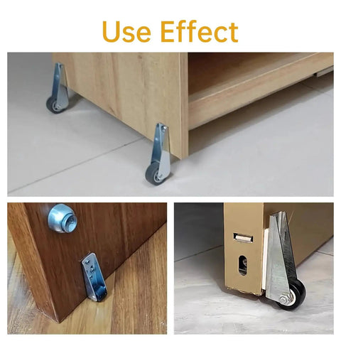Two Piece Side Mount Caster Wheels installed on wooden furniture for support and easy movement, showing heavy-duty brackets and nylon wheels.