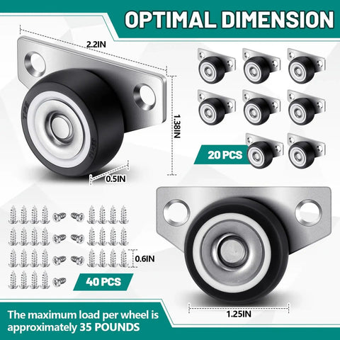 20 Set 1.25 Inch Side Mount Caster Wheels With Screws, Low Profile Non Swivel Rigid Casters With Screws Displayed