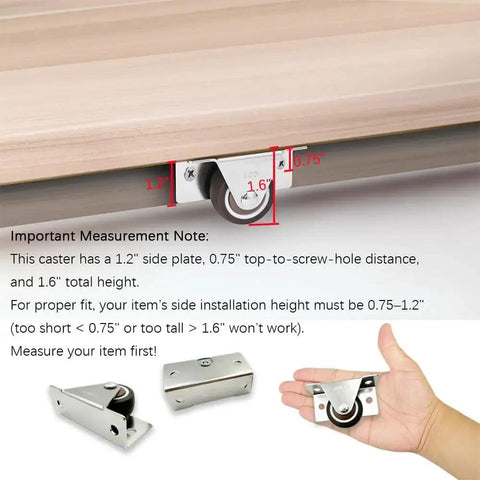 Small Low Profile 1-1/4 Inch Casters Wheels Set Of 4 For Light Duty Furniture And DIY Projects, shown side-mounted