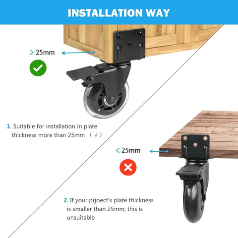 Side Mount Casters Set Of 4 With Brake, 3 Inch L Shaped Plate Casters installation guide showing correct and incorrect placements