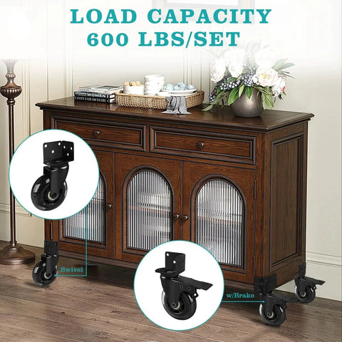 Three Inch Side Mount Industrial Casters With L Shaped Bracket on a wooden cabinet, showing both right-locking and non-locking wheels.