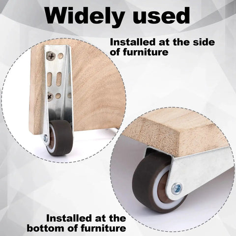 Low Profile Rubber Caster Wheels Set Of 2 0.8 Inch Side Mount Non Slip Furniture Casters shown installed on wood furniture.
