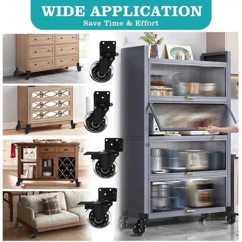 Three Inch Side Mount Industrial Casters With L Shaped Bracket on various furniture pieces for versatile application