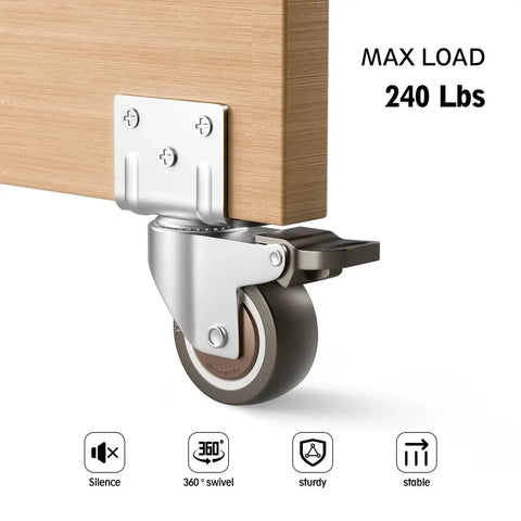 Side Mount Rubber Furniture Casters 1.5 Inch Set Of 4 With 360 Degree Swivel Locking Top Plate Two Braked And Two Non Braked