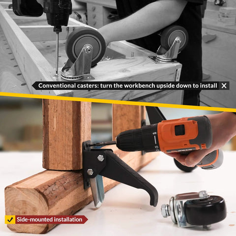 ✝️ Retractable Casters Heavy Duty Casters with Lifting and Lowering Function Maximum Load of 700 lbs showing installation on a workbench.