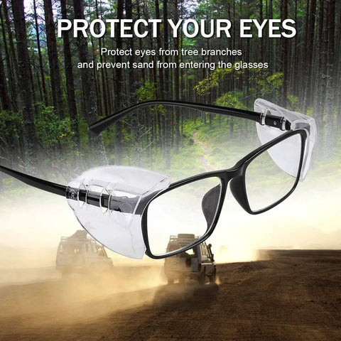 Two Pairs Side Shields For Glasses Slip On Eye Protection Fits Most Eyewear shown on black frames in a forest setting.