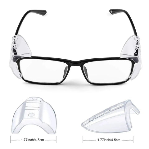 Two Pairs Side Shields For Glasses Slip On Eye Protection Fits Most Eyewear with dimensions shown, flexible TPU material.