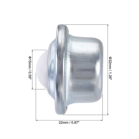 Side view of Drop In Ball Transfer Bearing Unit 15mm Nylon Ball with 33 Lb load capacity, showing dimensions, for conveyors and material handling