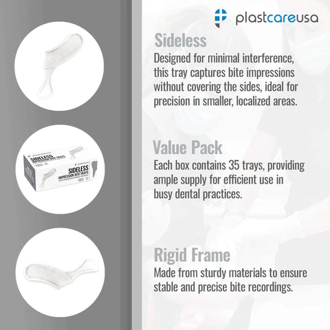 50 Sideless White Disposable Dental Bite Registration Trays For Impressions And Teeth Molds Pro Grade With Rigid Frame Thumb Tab And Durable Mesh To Hold Impression Material For Accurate Final Impressions PlastCare USA packaging and tray design diagram