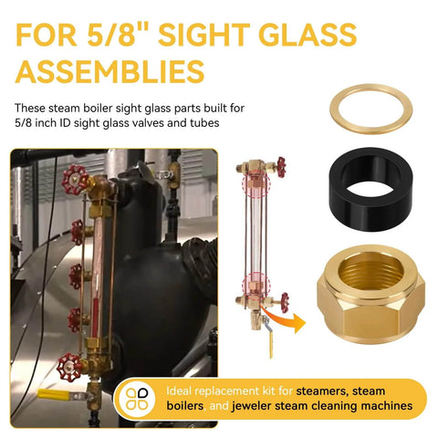 Pro Grade Sight Glass Steamer Parts Kit For Five Eighth Inch ID Valves And Tubes, Gaskets, Washers, Brass Nuts.