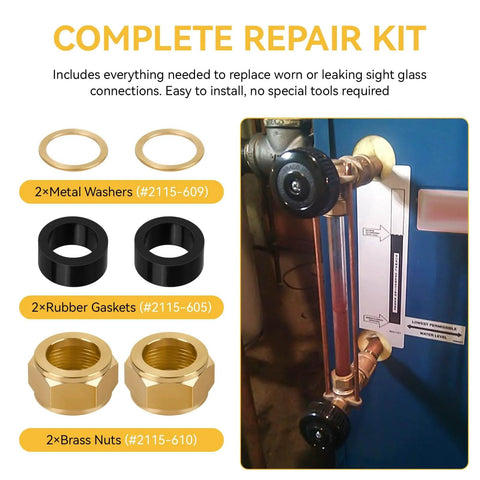 Pro Grade Sight Glass Steamer Parts Kit for Five Eighth Inch ID Valves including washers, gaskets, and brass nuts shown.