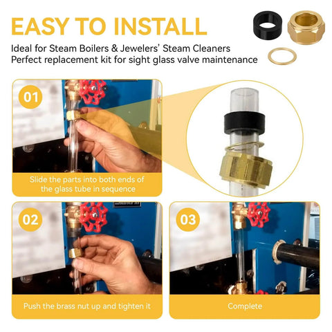 Pro Grade Sight Glass Steamer Parts Kit For Five Eighth Inch ID Valves And Tubes, Gaskets, Washers, Brass Nuts installation