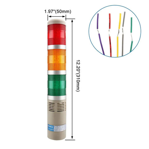 Industrial Tower Signal Light With Built In Buzzer 24 Volt DC 5 Watt LED Indicator Lamp With Red Green Yellow Orange Colors Stack Light LTA 502TJ 45 by 280 mm Rugged Durable Plastic Housing, front view
