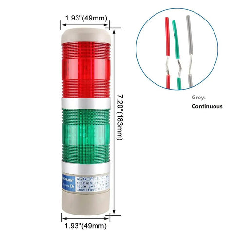 Industrial Signal Light Tower With LED Indicators For Machinery And Control Panels Red Green Continuous Light 12V DC Durable Metal And Plastic Build Baomain LTA 502T, front view with dimensions.