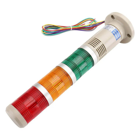 Industrial Signal Tower Light Kit 24V DC with red, green, yellow lamps and buzzer, Model LTP 502TJ, 300x52mm, side view