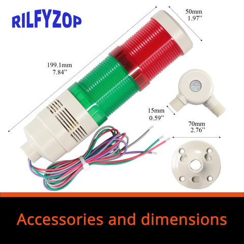 Industrial Signal Tower Light With Red Green And Yellow LED Indicators Built In Buzzer For Clear Alerts In Noisy Environments High Brightness 110 To 120V AC Durable Design Ideal For Industrial Equipment Alarms Rilfyzop T50 2WJB with dimensions and accessories visible.