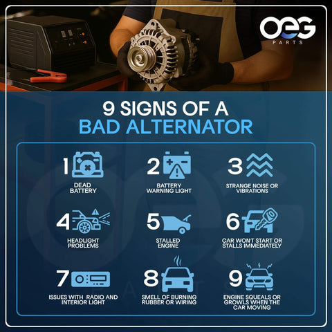 9 signs of a bad alternator infographic with person holding alternator, includes warning signs like dead battery and stalled engine.