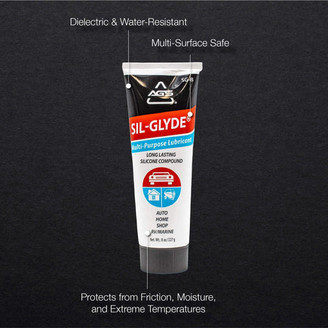 SIL-Glyde Multi-Purpose All-Weather Lubricating Compound for All Surfaces - 8 oz Tube with label detailing applications