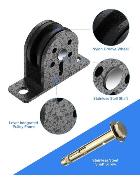 2 pack silent cable pulley wheel set for home gym, close-up view showing nylon groove wheel, stainless steel shaft, and frame details