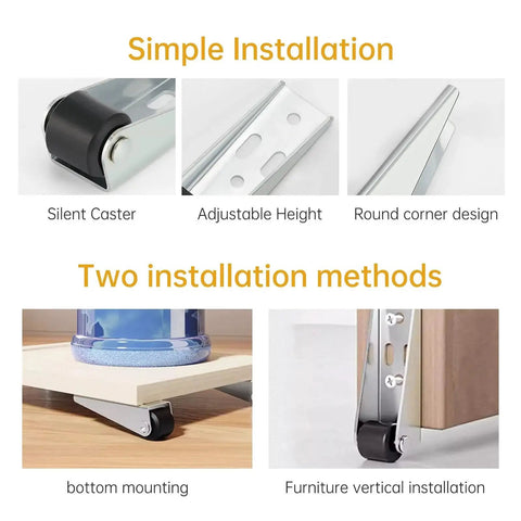 Two Piece Side Mount Caster Wheels Non Slip Heavy Duty Directional Castors For Wood Doors And Furniture Support Drooping And Sinking Repair Ideal For Coffee Tables Sofas Carts Trundles And More Rust Resistant Smooth Quiet Glide, shown with installation examples and design features