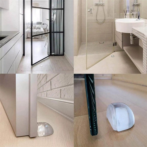 Five piece silent door stopper set protects floors and walls with painless no punch installation in various home settings