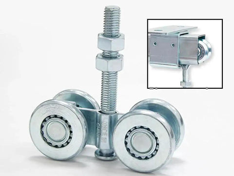 Silent Four Wheel Trolley Assembly For One And Three Quarter Inch Wide And Two And Quarter Inch Tall Shed Doors With Rail Hanging Track Electro Galvanized Zinc Barn Door Hardware Kit