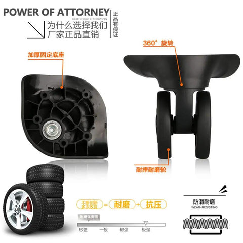 Silent Connected Spinner Wheels For Luggage Replacement, Durable Plastic Wheel Set shown in detailed parts, suitable for most suitcases.