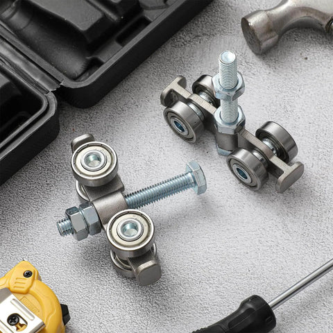 4 Pcs 4 Wheel Silent Trolley Assembly Rollers with Hidden Bolt Design for 1-5/8 Inch and Taller Strut Channels on table