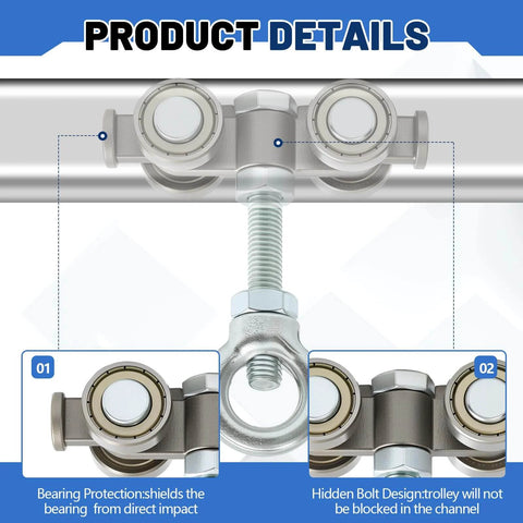 2 Pcs 4 Wheel Silent Trolley Assembly Rollers with Hidden Bolt Design shown in detail with bearing protection on galvanized steel track