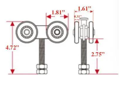 Silent Four Wheel Trolley Assembly For One And Three Quarter Inch Wide And Two And Quarter Inch Tall Shed Doors, front view